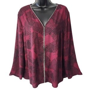 Liz Claiborne Career‎ Blouse Top Feather Print Rhinestone Trim XL